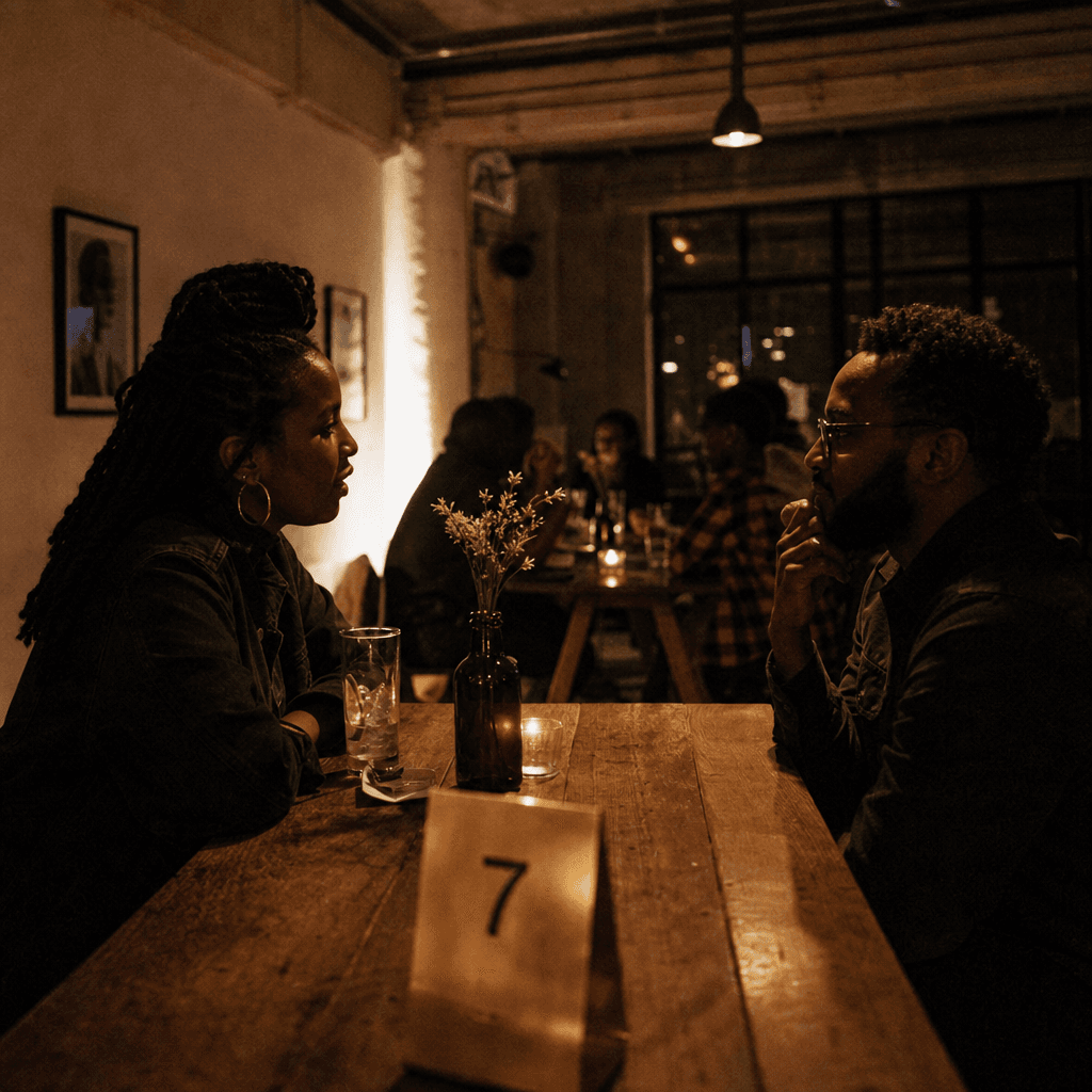 Two people talking across a small table in a low-lit Nairobi room, a brass table number between them